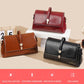 Small square crossbody bags in red, brown, and black waxed leather with metal buckles