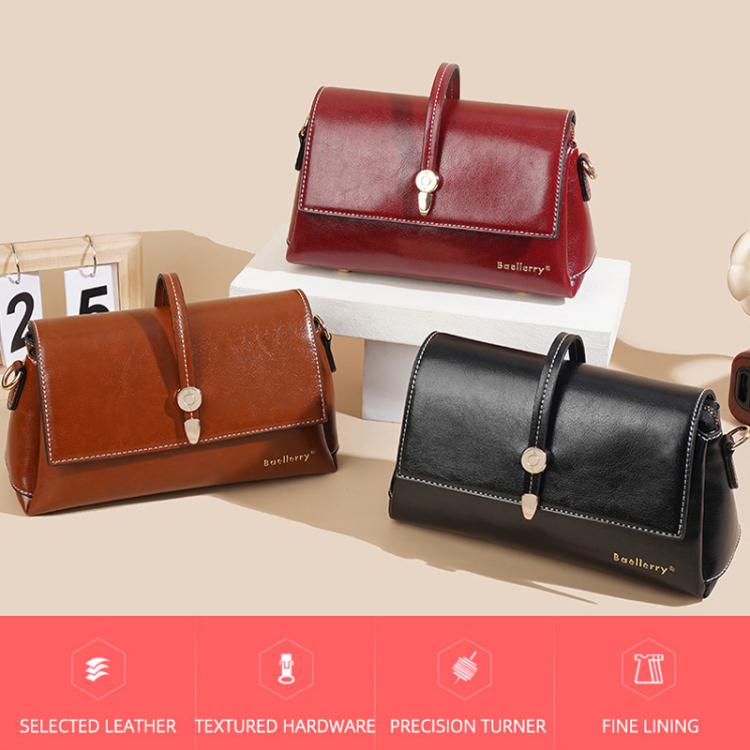 Small square crossbody bags in red, brown, and black waxed leather with metal buckles
