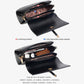 Black waxed leather crossbody bag opened with compartments and zippered interior pocket