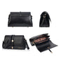 Black waxed leather small square crossbody bag with top flap, buckle, and adjustable strap
