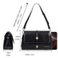 Black small square crossbody bag with adjustable strap, flap buckle, and ring attachment