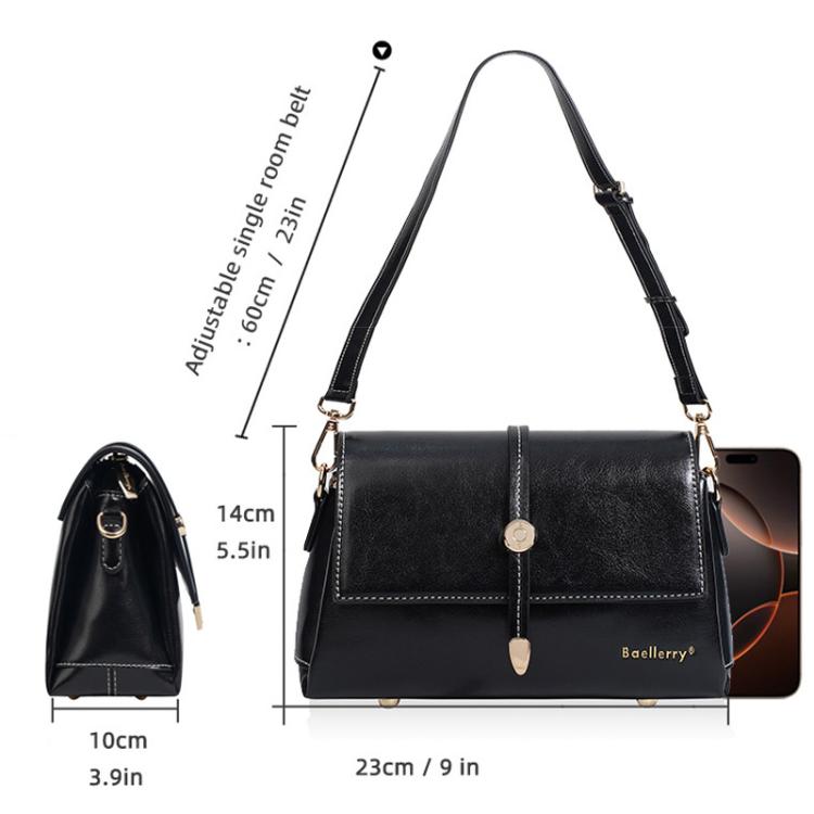 Black small square crossbody bag with adjustable strap, flap buckle, and ring attachment