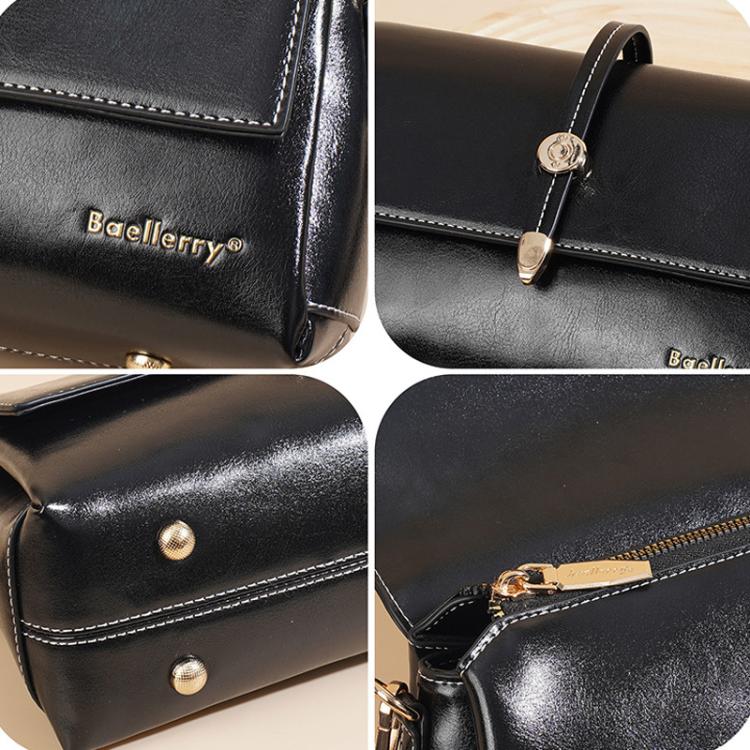 Close-up of black waxed leather crossbody bag with flap hardware and stitched edges
