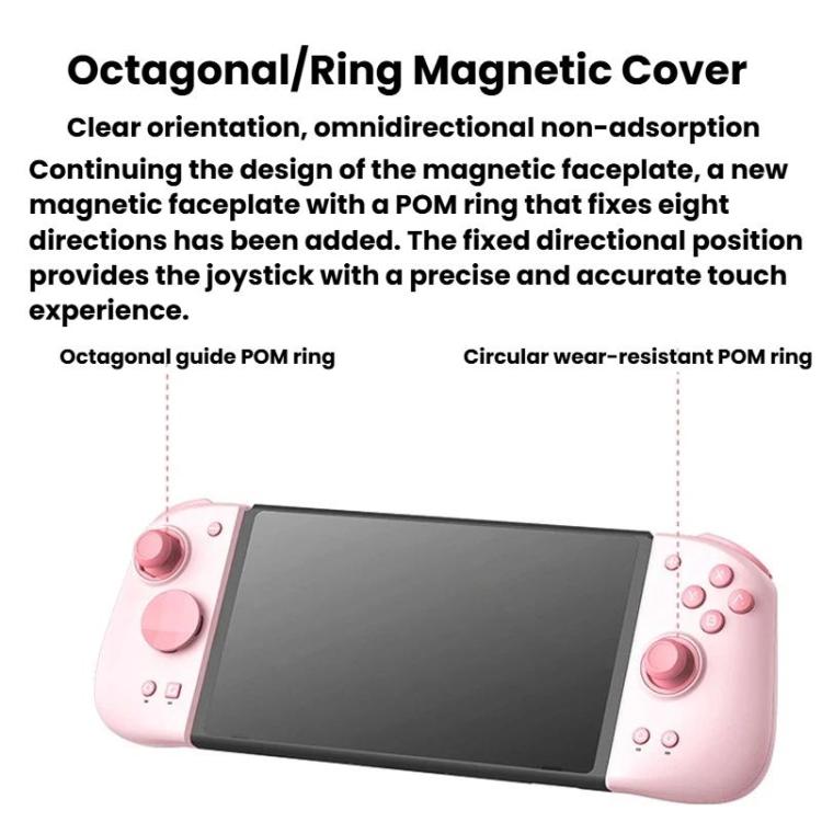 Pink split game controller with touchscreen and ring-style joystick cover