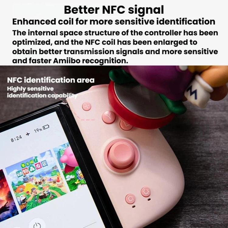 Pink split Nintendo Switch controller with thumbstick and NFC area near buttons