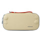 Beige storage case with red strap, textured shell and zipper closure
