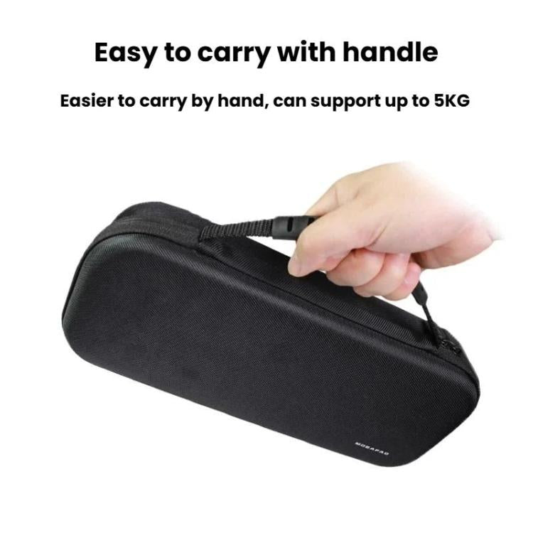 Black game console carry case with handle; one hand open and zip closure