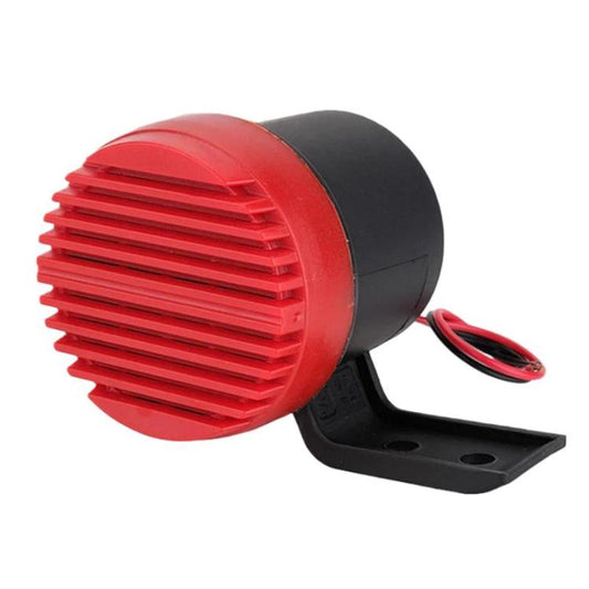 Red and black 12–80V reversing horn with red grille, wires, and mounting bracket