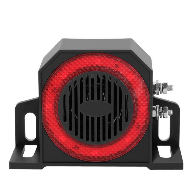 Front view reversing alarm horn with red LED ring, black grille speaker, mounting posts