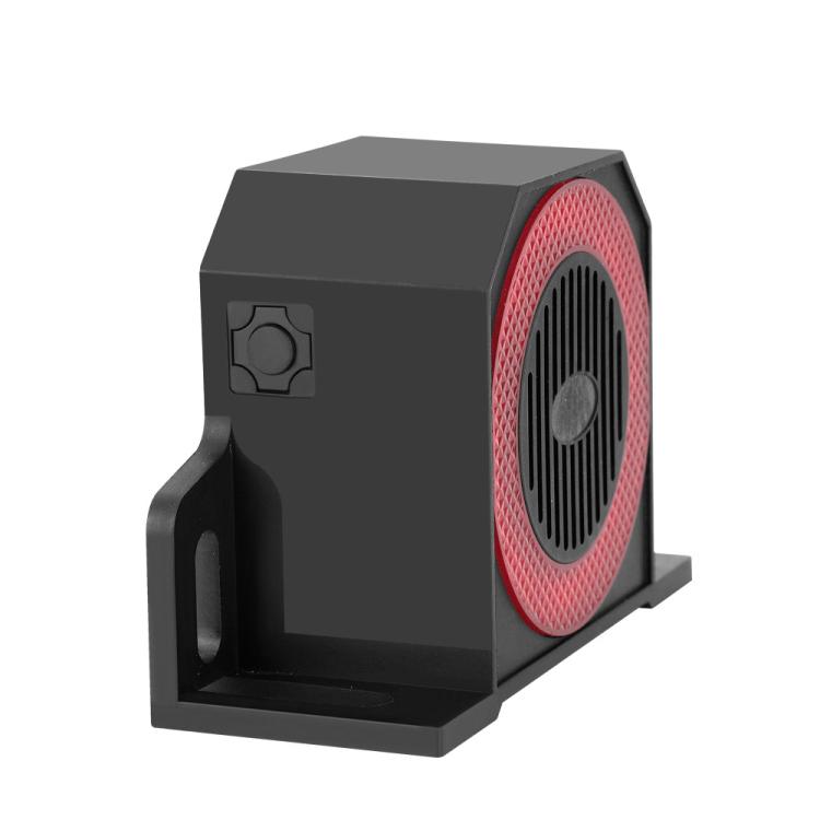 Black reversing alarm horn with red mesh speaker panel and base mounting bracket