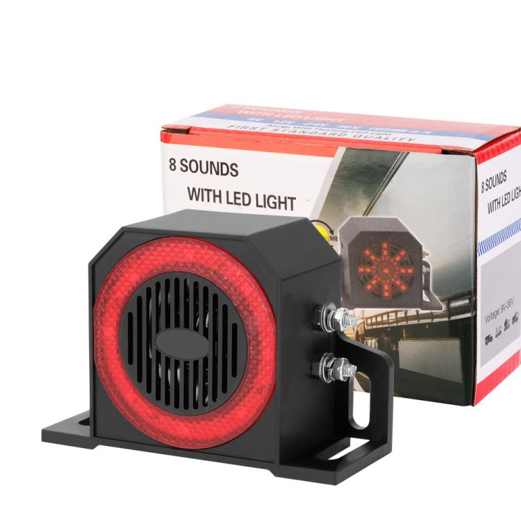 Reversing alarm horn with red LED speaker ring and box packaging with LED light icon