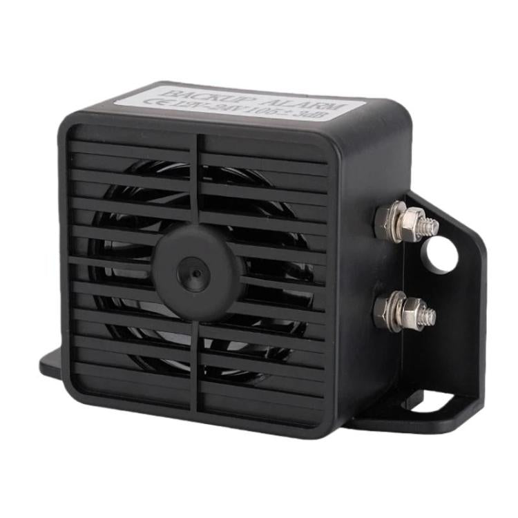 Black square waterproof reversing alarm with side mounting tabs and metal wiring terminals