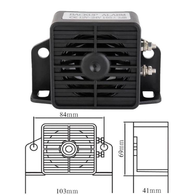 Square reversing alarm dimensions and rear view, showing mounting holes (84 x 103 x 41 mm)
