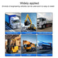 Reversing alarm shown in use on vehicles like transport trucks, excavators, and cranes