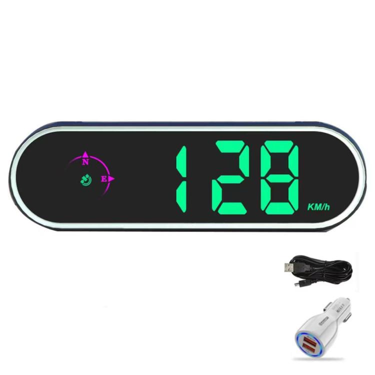 Car speed HUD display with green LED 128, plus USB cable and charger