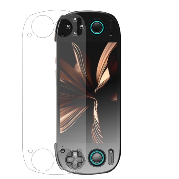 Clear tempered glass screen protector template over Retroid Pocket 5 front panel