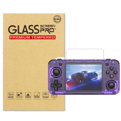 Tempered glass screen protector for handheld console, with purple console pictured