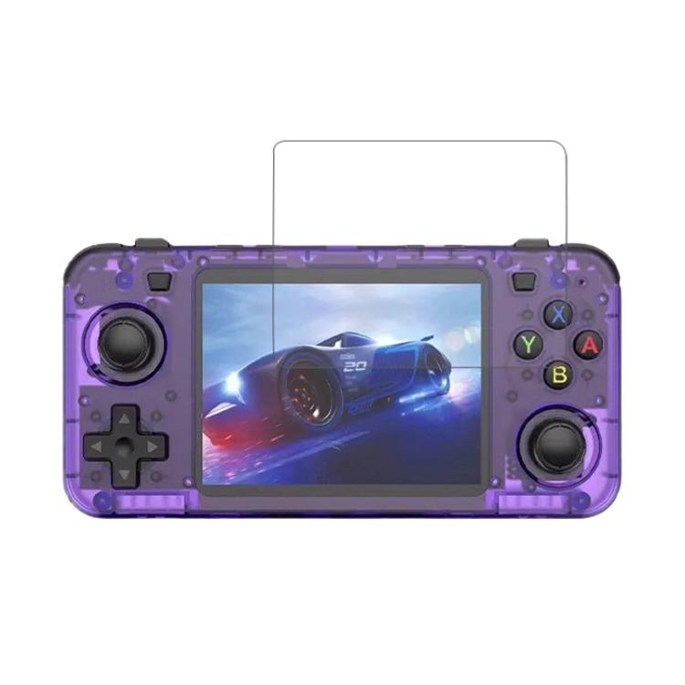 Tempered glass screen protector fitted on purple handheld console screen
