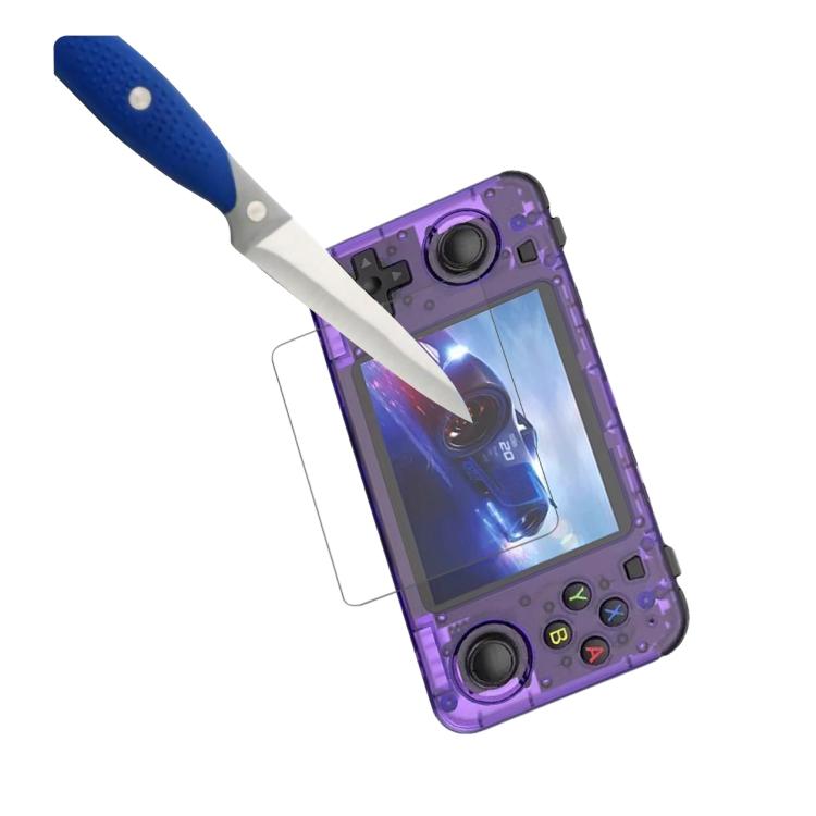 Tempered glass screen protector for handheld console, positioned on purple device