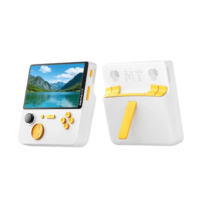 Handheld retro game console, white with yellow controls and landscape screen display