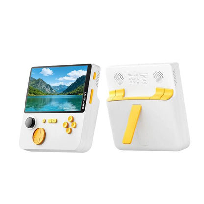 Handheld retro game console, white with yellow controls and landscape screen display
