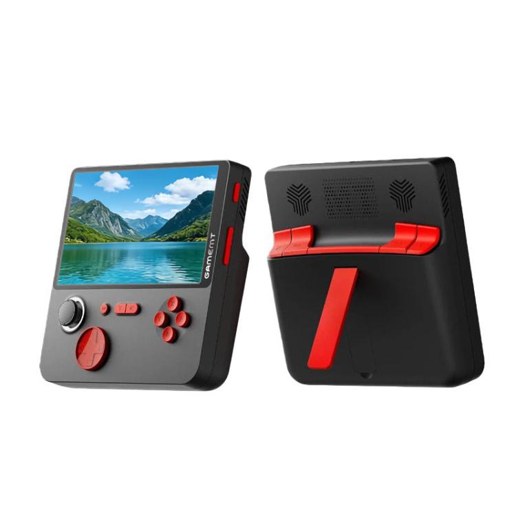 Handheld retro game console, black with red joystick and arrow buttons plus screen