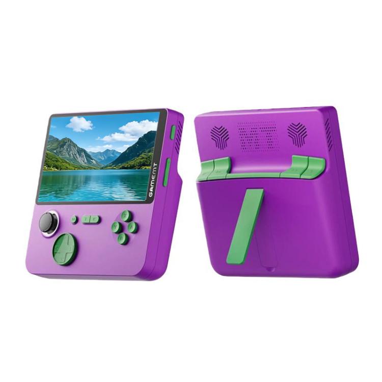 Purple handheld retro game console front with game screen and rear speaker grille