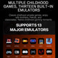 Handheld console features infographic showing supported emulators and platforms