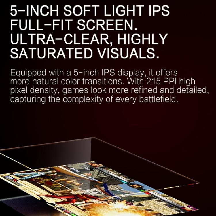 5-inch IPS display infographic for handheld console with gaming screen visuals
