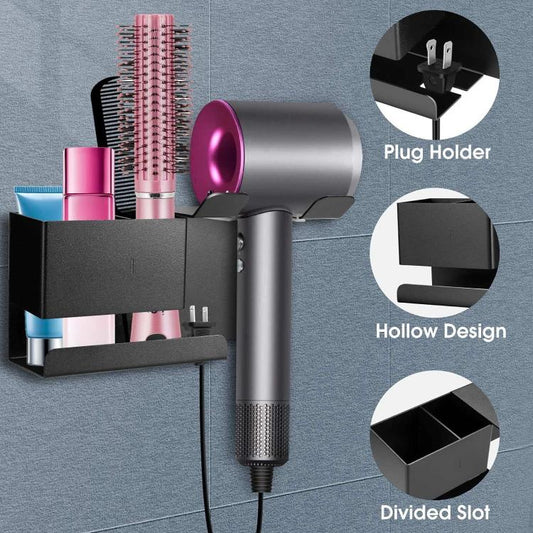 Universal Hair Dryer Holder Wall Mount with Cord Organizer Storage for Hair Styling Tools, No-drill Black, No-drill White, Drill Black, Drill White