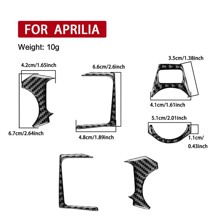 Aprilia RS 660 6-piece carbon-fiber interior sticker set with size diagram