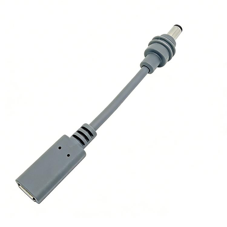 USB-C female to DC 5.5x2.1 charging cable, gray barrel and USB-C ends