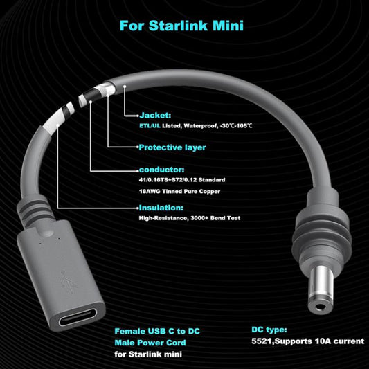 For Starlink Mini 18AWG 12cm PD USB-C Female To DC 5.5 x 2.1mm Charging Cable Supports 20V 5A 100W Input, USB-C Female To DC 5.5 x 2.1mm