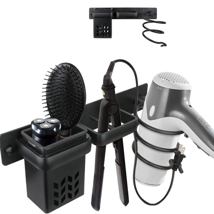 Wall-mounted hair tool holder with vented brush stand, cord hooks, and black storage rack