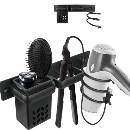 Wall-mounted hair tool holder with vented brush stand, cord hooks, and black storage rack