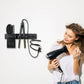 Wall-mounted hair tool organizer, black, with brush stand and cord loop holders