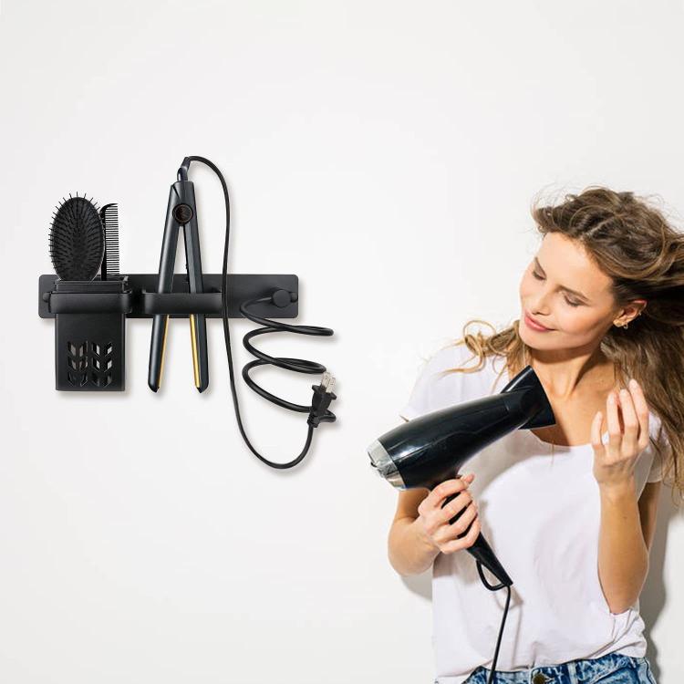 Wall-mounted hair tool organizer, black, with brush stand and cord loop holders