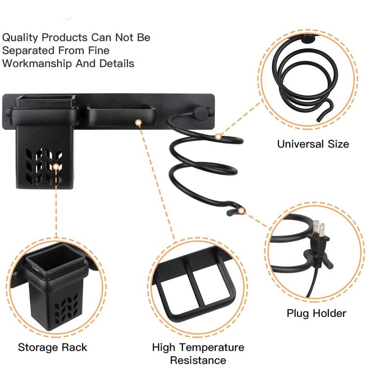 Wall-mounted hair tool holder with storage rack, plug holder, and cord coil hooks, black