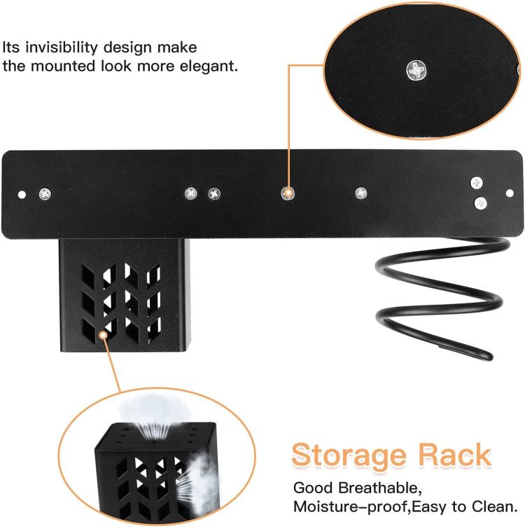 Wall-mounted hair tool holder with mounting bar, vented rack, and cord spring, black