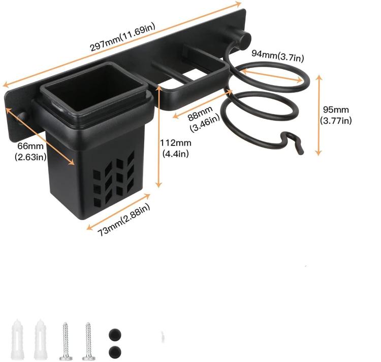 Wall-mounted hair tool holder size diagram, black with vented rack and cord hooks