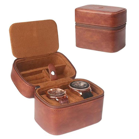 Brown watch storage pouch open view with compartments and zipper pocket for watches.