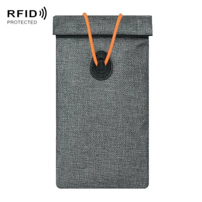 Gray roll-up drawstring RFID shielding pouch for keys and credit cards