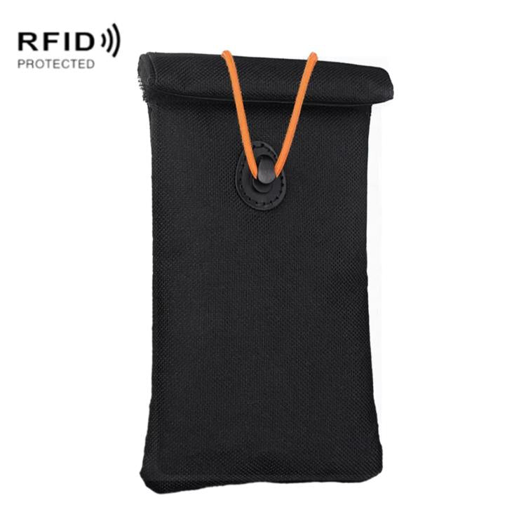 Black roll-up drawstring RFID shielding pouch with round snap toggle for cards