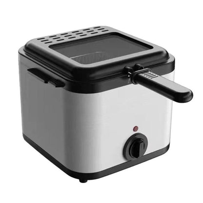 Stainless steel electric deep fryer with black lid and control knob