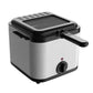 Stainless steel electric deep fryer with black handle and viewing lid