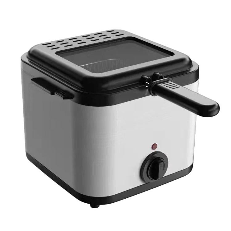 Stainless steel electric deep fryer with black handle and viewing lid