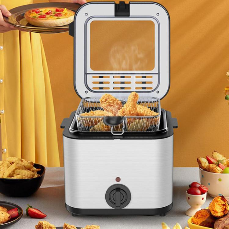 Stainless steel electric deep fryer with frying basket and open lid