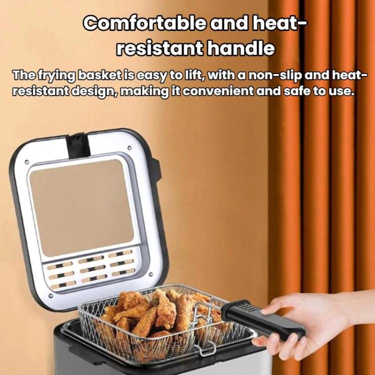 Electric deep fryer with wire basket and heat-resistant handle, lid open