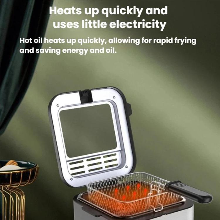 Electric deep fryer heating basket with visible oil glow, lid open