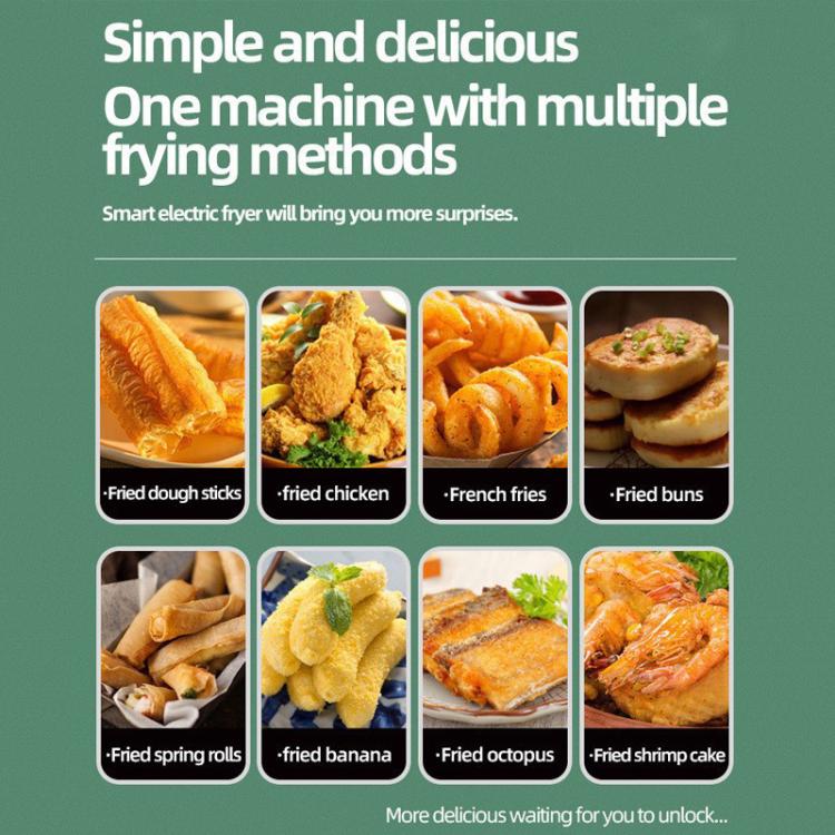 Electric deep fryer for frying multiple foods, basket visible